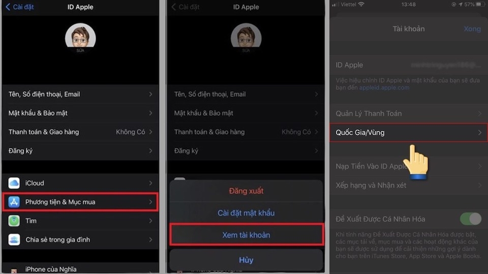 Bước 2: Phương tiện và mục mua => Xem tài khoản => Quốc gia/Vùng.